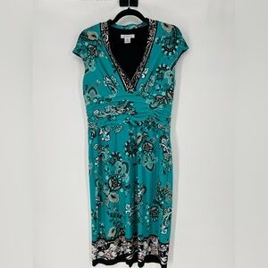 LIZ CLAIBORNE TEAL BLACK WHITE VNECK RUCHED WAIST SLEEVELESS DRESS W/BACK ZIPPER